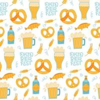 Trendy seamless pattern of oktoberfest lettering, pretzels and beer mugs. Flat hand drawn illustration. vector