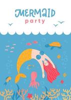 Having fun mermaid and sea life cartoon for party invitation card A4 size template. Under water world with fairytale character. Hand drawn isolated flat vector illustration.