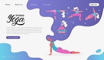 Web page template of Yoga Studio. Modern flat design concept of web page design for website and mobile website. Woman with long hair does yoga exercise, yoga pose. Vector illustration