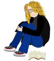 Young woman sitting on the floor and reading. vector