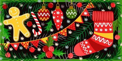 juego de navidad con hombre de pan de jengibre, bayas de acebo, ramas de abeto, copos de nieve y juguetes de navidad sobre fondo oscuro vector