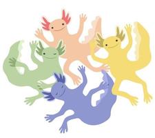 Vector isolated illustration of four colorful axolotls.