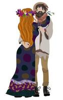 Boho couple. Vector isolated illustration of embracing woman and man in boho outfits