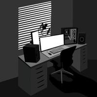 Gamer's room. Video game station. Desktop with gamer's equipment. Room of video game streamer. Monochrome. vector