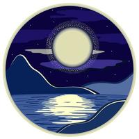 Vector night landscape with moon, mountains and lake in a circle.