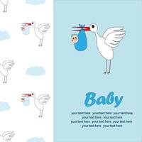 A stork carries a child in the clouds. A postcard about the birth of a child. Illustration. vector