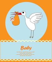 A stork carries a child in the clouds. A postcard about the birth of a child. Illustration. vector