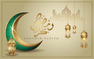 ramadan kareem con lujosa luna creciente dorada, vector de tarjeta de felicitación ornamentada islámica de plantilla