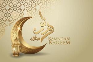 ramadan kareem con lujosa luna creciente dorada, vector de tarjeta de felicitación ornamentada islámica de plantilla