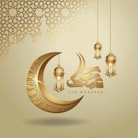 luna creciente de diseño islámico eid mubarak, linterna tradicional y caligrafía árabe, vector de tarjeta de felicitación ornamentada islámica de plantilla para evento de publicación