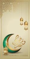 ramadan kareem con lujosa luna creciente dorada y linterna tradicional, vector de tarjeta de felicitación ornamentada islámica de plantilla para diseño de papel tapiz de interfaz móvil teléfonos inteligentes, móviles, dispositivos.