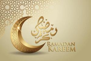 ramadan kareem con lujosa luna creciente dorada, vector de tarjeta de felicitación ornamentada islámica de plantilla