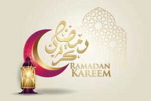 ramadan kareem con lujosa luna creciente dorada, vector de tarjeta de felicitación ornamentada islámica de plantilla