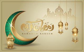 Ramadan kareem with golden luxurious crescent moon, template islamic ornate greeting card vector