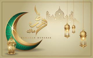 ramadan kareem con lujosa luna creciente dorada, vector de tarjeta de felicitación ornamentada islámica de plantilla