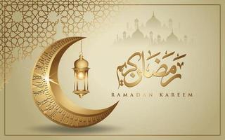 ramadan kareem con lujosa luna creciente dorada, vector de tarjeta de felicitación ornamentada islámica de plantilla