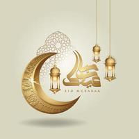 luna creciente de diseño islámico eid mubarak, linterna tradicional y caligrafía árabe, vector de tarjeta de felicitación ornamentada islámica de plantilla para evento de publicación