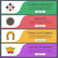 Casino web banner templates set. Playing cards suits, roulette, horseshoe, winner's crown. Website color menu items. Vector headers design concepts