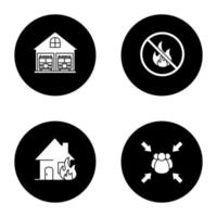 Firefighting glyph icons set. Burning house, fire station, fire assembly point, bonfire prohibition. Vector white silhouettes illustrations in black circles