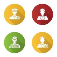 icono de glifo de sombra larga de diseño plano de profesiones. ocupaciones policía, soldado, croupier, oficinista. ilustración de silueta vectorial vector