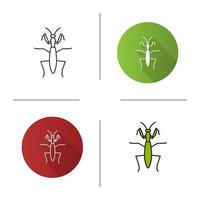 Praying mantis icon. Flat design, linear and color styles. Mantodea. Insect. Isolated vector illustrations