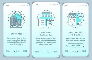 Hotel booking onboarding mobile app screen vector template. Choosing accommodation, apartment. Select room and make reservation. Walkthrough website steps. UX, UI, GUI smartphone interface concept