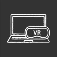 Computer VR headset chalk icon. Virtual reality games. VR mask, glasses, goggles with laptop. Isolated vector chalkboard illustration