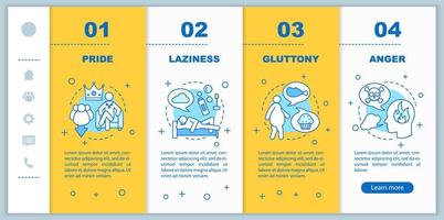 Seven deadly sins onboarding mobile app page screen vector template. Christianity. Pride, anger, gluttony, laziness walkthrough steps with linear illustrations. UX, GUI smartphone interface concept