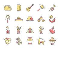 Mexican culture color icons set. Cinco de Mayo festival. Traditional Mexican food, musical instruments, clothes, people, fun. Isolated vector illustrations
