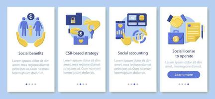 CSR onboarding mobile app page screen vector template. Corporate social responsibility. Social benefits, accounting. Flat design website instructions. UX, UI, GUI smartphone interface cartoon concept