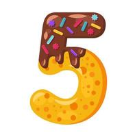 Donut cartoon five number vector illustration. Biscuit font style. Glazed bold symbol with icing. Tempting flat design typography. Cookies, waffle, chocolate math sign. Pastry, bakery isolated clipart