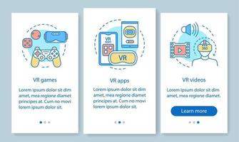 Virtual reality onboarding mobile app page screen with linear concepts. VR entertainment. VR games, apps, videos walkthrough steps graphic instructions. UX, UI, GUI vector template with illustrations