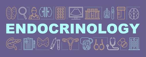 Endocrinology word concepts banner. Endocrine system disease. Diabetes, hormones balance. Presentation, website. Isolated lettering typography idea with linear icons. Vector outline illustration