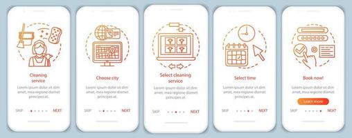 pantalla de la página de la aplicación móvil de incorporación de la reserva del servicio de limpieza, conceptos lineales. planificación de la limpieza del hogar. cinco, tutorial paso a paso instrucciones gráficas. ux, ui, plantilla vectorial gui con ilustraciones vector