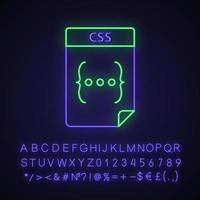 icono de luz de neón del archivo css. Hojas de estilo en cascada. formato de archivo de texto de página web. signo brillante con alfabeto, números y símbolos. ilustración vectorial aislada vector