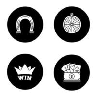 Casino glyph icons set. Winner's crown, horseshoe, real money casino, wheel of fortune. Vector white silhouettes illustrations in black circles