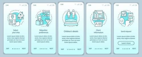 Babysitter choosing onboarding mobile app page screen vector template. Childcare service reservation. Nanny booking. In-home babysitting. Walkthrough website steps. UX, UI, GUI smartphone interface