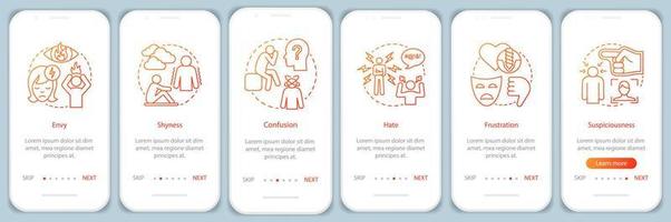 Hard feelings onboarding mobile app page screen with linear concepts. Envy, shyness, confusion, hate, frustration walkthrough steps graphic instructions. UX, UI, GUI vector template with illustrations