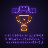 Prize money neon light icon. Esports tournament. Gamer winning cup with cash. Winner pot of game. Champion trophy. Glowing sign with alphabet, numbers and symbols. Vector isolated illustration