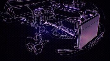 Holographic animation of 3D wireframe car model with engine video