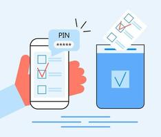 Online voting, electronic elections concept vector. Voter hand holding list newsletter with mark on phone screen. Political competition of candidates for president, senators and others. vector