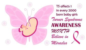 Turner Syndrome awareness month is celebrated ib February. Pink butterfly symbol vector on white background . Believe in miracles text and crimson ribbon. Signs, health issues of TS