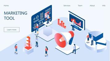 Marketing e-commerce, data analysis tool isometric vector for website. Digital business content, column charts on screen. E-mail marketing, product promoting, advertising campaign, digital promotion.
