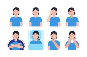 Sick man coughing, sneezing. Set character vector of cold, flu, sore throat, measles. Illustrations of fever, allergy, headache, vomiting are isolated on white background in cartoon style.