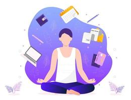 vector de concepto de yoga empresarial. meditación en la oficina, superación personal, control de la mente y las emociones, práctica de yoga de concentración zen relax. el hombre está sentado en una posición de loto.