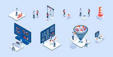 Coworkers set vector. Collection of scene of freelancers, businessman for expo, forex, coworking office illustration. Internet communication business in trendy isometric style. vector