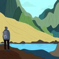 Flat design background landscape mountains with river vector