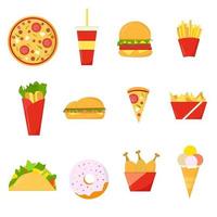 conjunto de íconos multicolores de comida rápida. estilo plano