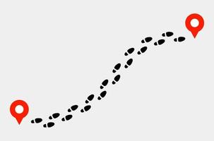 Footprints trail track with location pin. Footprint trail from start point to finish pin. Vector illustration.