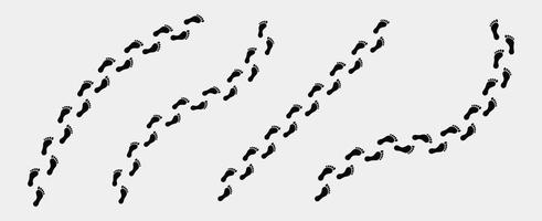 Set of different black human footprint routes isolated on white background. Footprints trail vector set.